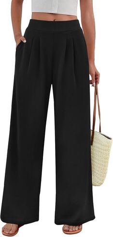 FireSwan Women's Wide Leg Palazzo Pants High Elastic Waist Casual Work Pants Flowy Dress Trousers with Pockets in Saudi Arabia