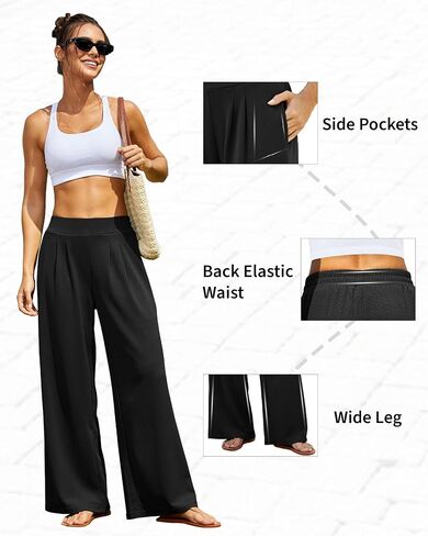 FireSwan Women's Wide Leg Palazzo Pants High Elastic Waist Casual Work Pants Flowy Dress Trousers with Pockets in Saudi Arabia
