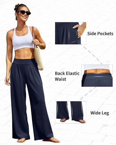 FireSwan Women's Wide Leg Palazzo Pants High Elastic Waist Casual Work Pants Flowy Dress Trousers with Pockets in Saudi Arabia