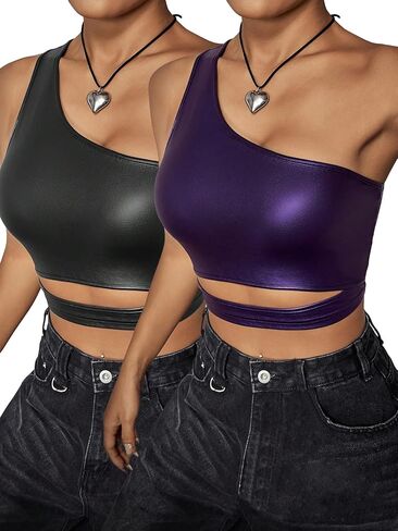 قمصان علوية قصيرة بدون أكمام للسيدات من MakeMeChic مكونة من قطعتين بكتف واحد من جلد البولي يوريثان in Saudi Arabia