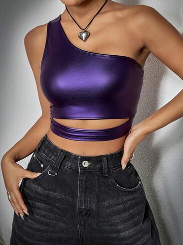 MakeMeChic Women's 2 Pack One Shoulder Cut Out Tank Top PU Leather Slim Fit Crop Cami Tops in Saudi Arabia