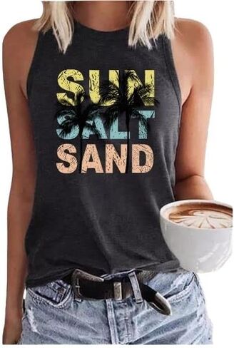 Tank Tops for Women Summer Sun Salt Sand Beach Coconut Tree Graphic Sleeveless Shirt Hawaii Country Vacation Tanks in Saudi Arabia