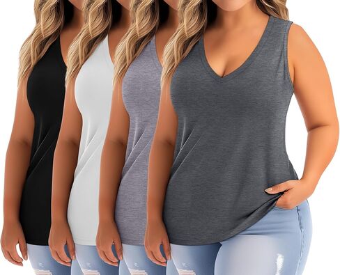 Ficerd 4 Pack Women's Plus Size Tank Tops, Casual V Neck Sleeveless Shirts Ladies Flowy Dressy Tunics Work Tees in Kuwait
