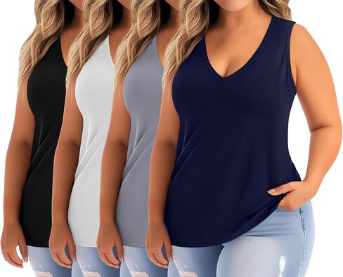 Ficerd 4 Pack Women's Plus Size Tank Tops, Casual V Neck Sleeveless Shirts Ladies Flowy Dressy Tunics Work Tees in Kuwait