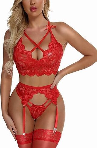 Xmas Women’s Sexy Lingerie with Garter Belt 3 Piece Floral Lace Bra G-String Lady Teddy Babydoll Embroidery Nightwear in Saudi Arabia