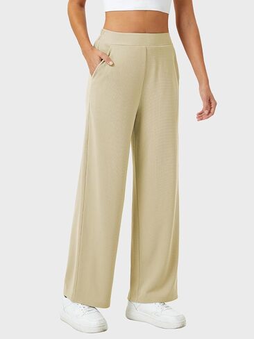 Womens Wide Leg Pants High Waisted Elastic Waffle Dressy Casual Business Trousers with Pockets Black in Saudi Arabia