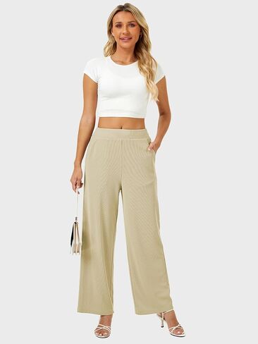Womens Wide Leg Pants High Waisted Elastic Waffle Dressy Casual Business Trousers with Pockets Black in Saudi Arabia