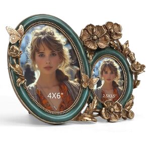إطار صورة بيضاوي عتيق من giftgarden مقاس 4x6 و2.5x3.5، إطار صورة مزدوج قديم لسطح الطاولة أو عرض الحائط، إطار هدية للأم والجدة، أخضر مسود عتيق