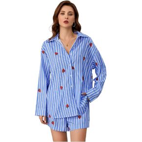 GORGLITTER Women's 2 Piece Lounge Sets Fall Outfits Button Down Blouse and Shorts Set