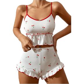 MakeMeChic Women's 2 Piece Pajama Set Contrast Binding Cherry Print Ruffle Cami Crop Top and Shorts PJ Sets