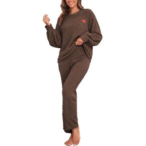 Famulily Womens Cozy Warm Fuzzy Fleece Pjs Sets Cute Heart Embroidery 2 Piece Pajamas Top and Pants Matching Sets in Kuwait