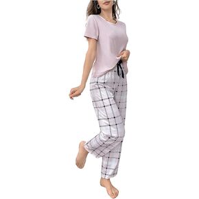 Verdusa Women's 2 Piece Plaid Lounge Sets Sleepwear Short Sleeve Top with Pants