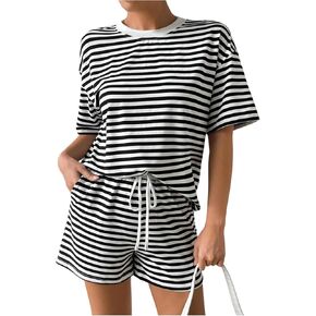OYOANGLE Women's 2 Piece Pajama Sets Striped Print Short Sleeve T-Shirt and Shorts with Pockets Lounge Set