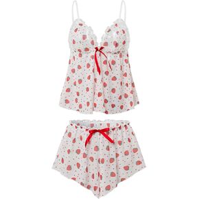 Womens Strawberry 2 Piece Pajama Set Ruffle Trim Spaghetti Strap and Shorts Sleepwear Sets