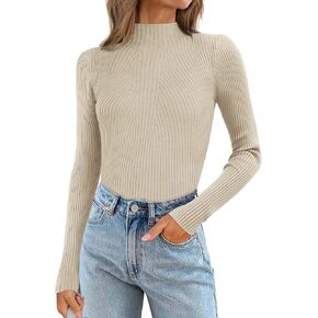 ATHMILE Women's 2025 Fall Long Sleeve Pullover Ribbed Knit Sweater Low Mock Neck Slim Fit Basic Casual Tee Tops