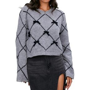 Verdusa Women's Cute Bowknot Long Sleeve Pullovers Loose Knit Crew Neck Sweater
