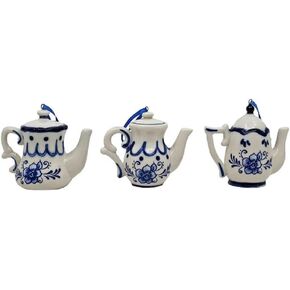 Kurt Adler Porcelain Delft Blue Teapot Ornament, Set OF 3 for Christmas