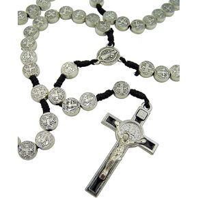 Mens Womens Silver Tone Antiqued Saint St Benedict Icon Medal 17 Inch Cord Rosary Crucifix Exorcism