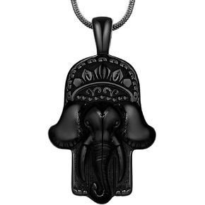 Hamsa Hand Necklace Mens 316L Stainless Steel Hand of Fatima Pendant 18k Gold/Black Gun Plated Path of Symbols Lucky Amulet Jewelry