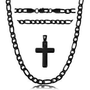 Figaro Chain for Men - 18K Whited Gold/Gold/Black Plated Figaro Chain Cross Necklace for Men, Stainless Steel Cross Pendant Necklace Figaro Chain Cross Necklace for Men 4mm-5mm 18-24 Inch