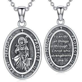 PELOVNY Saint Peregrine Necklace 925 Sterling Silver St Peregrine Patron Saint of Cancer I Can Do All Things Through Christ Jewelry End of Chemo Gifts for Men Women