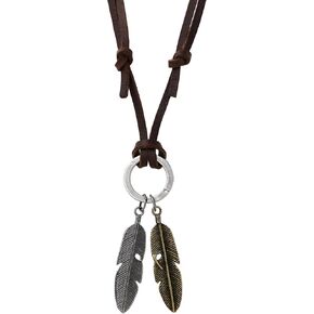 HAQUIL Boho Necklace, Double Antique Feather Pendant, Leather Cord, Vintage Bohemian Jewelry Gift for Men and Women