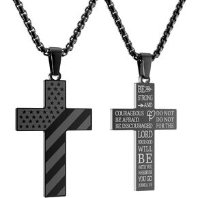 HOFOYA American Flag Black Cross Stainless Steel Chain Necklace With Bible Verse Christ Pendant Jewelry for Men 24 Inch Chains