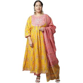 Rajnandini Women's Pure Cambric Cotton Embroidered Plus Size Kurta Set with Dupatta (JOPLVL244X-P_Yellow & Pink)