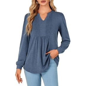 Rooscier Women's Long Sleeve Notch V Neck Pleated Loose Flowy Tunic Top Fall Shirt