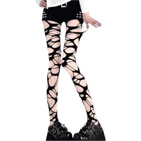 OYOANGLE Women's 1 Pair Gothic Ripped Hollow Out Tights Y2k Sheer Pantyhose Stockings