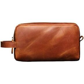 The Tannery Vintage Crazy Horse Full Grain Leather Toiletry Dopp Kit Bag Travel Make up Cosmetic Bag Big Leather Toiletry Bag for Unisex (Tan Brown)