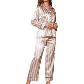 WDIRARA Women's 2 Piece Satin Sleepwear Striped Long Sleeve Shirt and Loose Fit Pants Pajama Set
