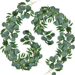2 Pcs Artificial Vine Garland, Artificial Hanging Plant Decoration with Eucalyptus Garland, Greenery Garland, Bedroom, Wedding Background Decoration (79 Inches, Money & Willow Leaves)