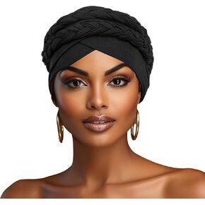 Stretchy Turban Cap Chemo Head Wraps Hair Bonnet Pleated Stretch Ruffle Women's Soft Material Chemo Turban Hat Pre Tied Double Braid Headwrap Hat Women African Turban Scarf Headwrap Hat (Black)