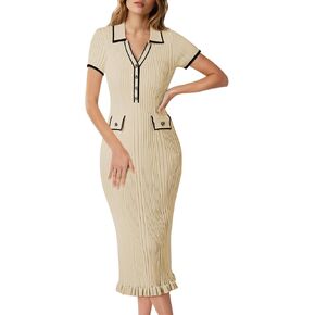 Pink Queen Women's Elegant Bodycon Dress 2025 Short Sleeve V Neck Half Button Cocktail Party Ribbed Knit Long Sweater Dress