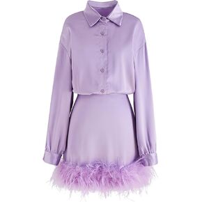 فستان CHICWISH نسائي أبيض/أسود/أرجواني من الريش الأثيري وياقة مقلوبة وأكمام طويلة من الساتان in Kuwait