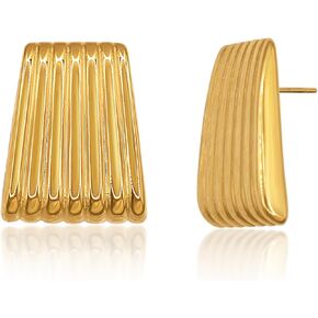 Ribbed Pattern Gold Tone Stud Earrings Large Gold Statement Chunky Stud Earrings for Women Trendy Vintage Large Gold Geometric Earrings Jewelry in Kuwait