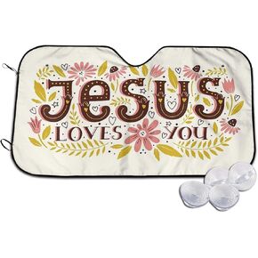 KiuLoam Car Windshield Sun Shade,Jesus Loves You Christian Monogram UV Protection Foldable Auto Sunshade for Car Prevent Your Car from Sun Heat & Glare Keep Vehicle Cool (55 x 30 Inch)