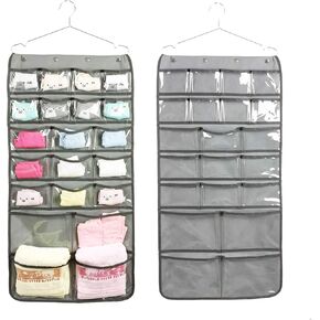 Hanging Closet Underwear Sock Bra Organizer Dual-Sided Accessories Storage With 42 Clear Pockets (GREY)