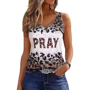 Leopard Pray V-Neck Tank Tops Women Faith Christian Tshirts Letter Printed Shirt Casual Graphic Glitter Tee Summer Tops