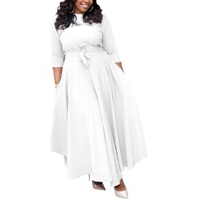 Plus Size Dress for Curvy Women Stretch Self Tie A-Line Maxi Dress with Pockets Swing Long Outfit