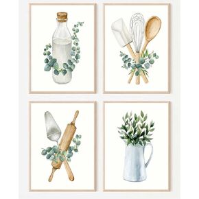 4Pcs Boho Kitchen Wall Art Sage Green Plants Canvas Pictures Eucalyptus Leaves Paintings Kitchenware Botanical Posters Prints for Living Room Bedroom Office Wall Decor Unframed