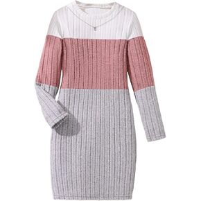 Hilinker Girls Sweater Dress Long Sleeve Ribbed Color Block Fall Winter Dresses 7-14 Years