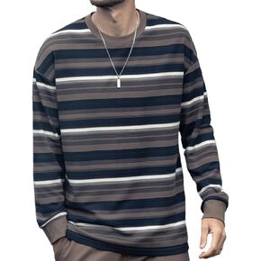 Men's Striped Long Sleeved T-Shirt, Casual Round Neck Long Sleeved T-Shirt, Regular-Fit Daily Striped T-Shirt Basic Style