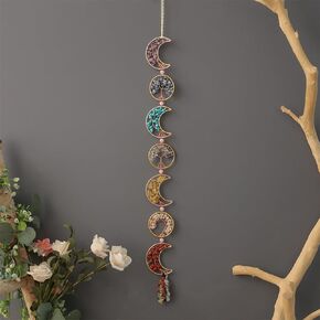 Handmade Tree of Life Stones Moon Wall Ornament Natrual Crystal Gemstones Hanging 7 Chakra Healing Crystals with Tumbled Tassel Ornament for Home Decor Yoga Meditation Gift (Moons and Circles)