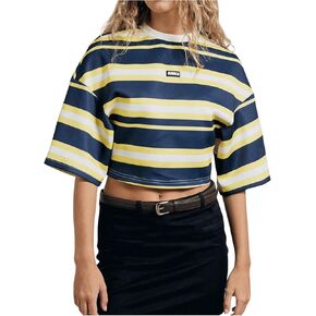 SOLY HUX Women's Color Block Striped Crop Top Half Sleeve Drop Shoulder Tees Oversized T-Shirts