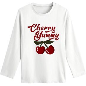 SHENHE Women's Cute Cherry Letter Graphic T Shirts Crew Neck Long Sleeve Casual Tee Top