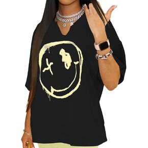 Womens V Neck Smile Face Graphic Tees Y2K Cute Happy Printed T Shirt Casual Family Match Tops