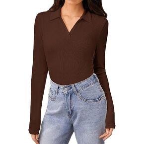 Elesomo Womens Long Sleeve Polo Shirts Collared V Neck Business Casual Tops Slim Fitted