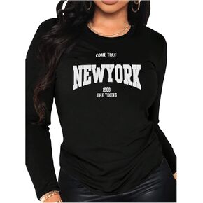 Women's Letter Graphic Long Sleeve T Shirt Casual Crew Neck Tee Tops